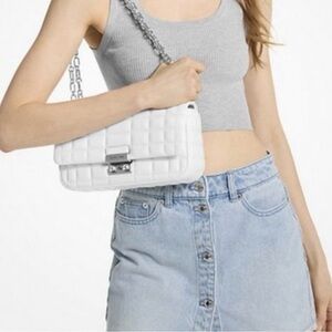 Michael Kors Tribeca Large Quilted Leather Shoulder Bag in Optic White